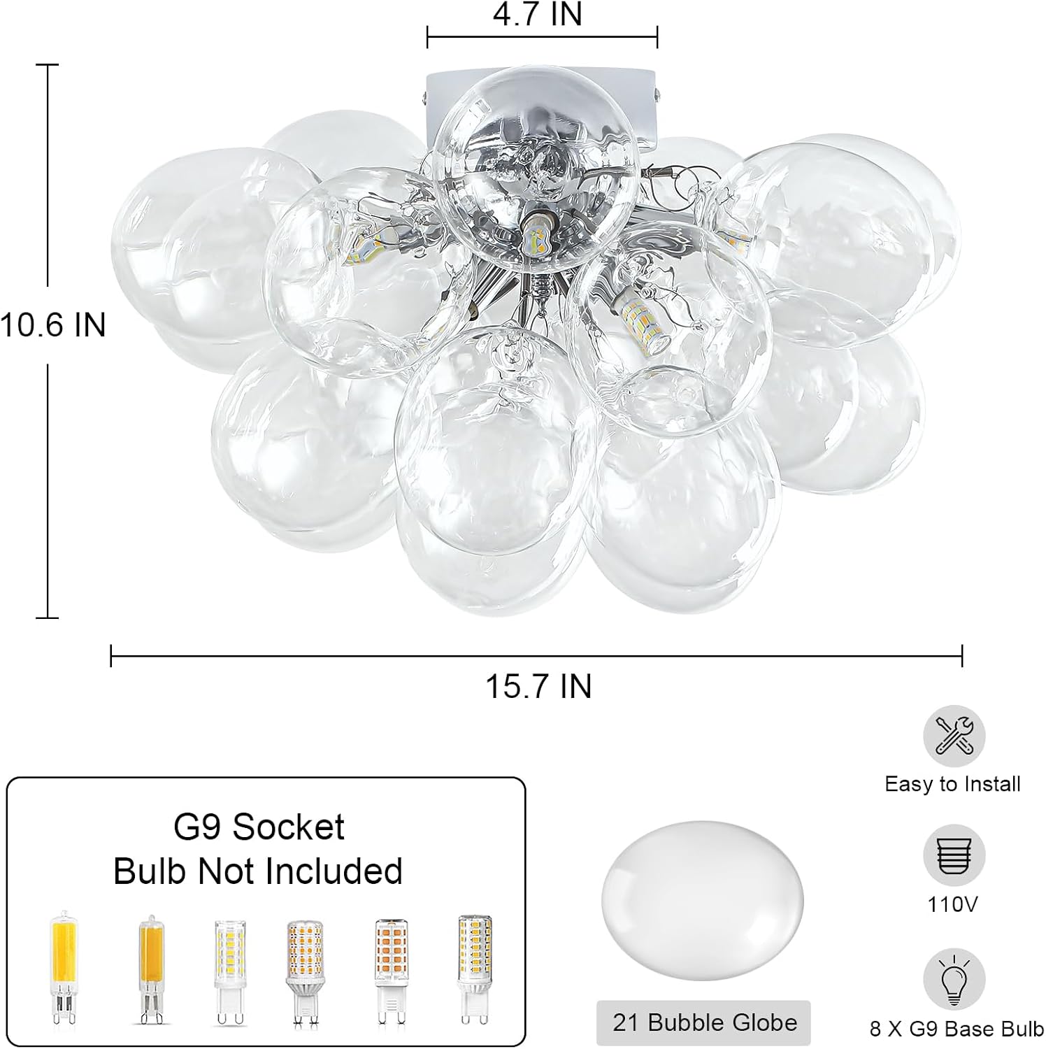 8-Light Chrome Flush Mount Ceiling Light, 16' Glass Bubble Ball Chandelier with 21 Clear Balls, Modern Globe Dining Room Light Fixture for Bedroom, Living Room, Hallway, Entry, Bathroom
