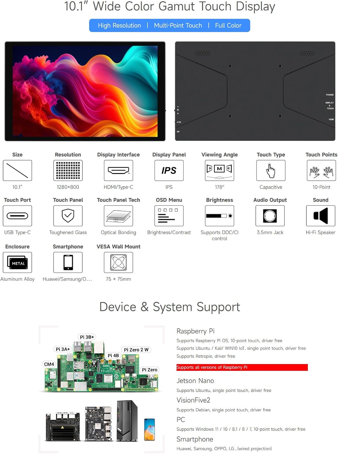 waveshare 10.1inch Capacitive Touch Display, 1280×800 Resolution, Compatible with Raspberry Pi 5/4B/3B/Zero/Zero W/Zero 2W/Pico/Pico W/Pico WH, Support Jetson Nano, VisionFive2, PC and Smartphone