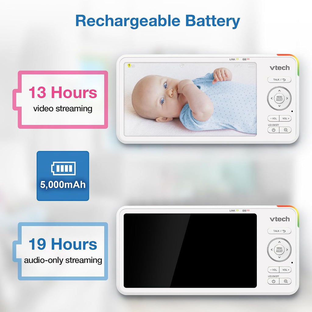 VTech Baby Monitor with 2 Cameras No WiFi & 5.5' IPS Split Screen, Remote Pan Tilt Zoom – 13Hr Video Battery, 1000ft Range, Night Vision, Night Light, Two-Way Talk | Advanced HD Plus Twin