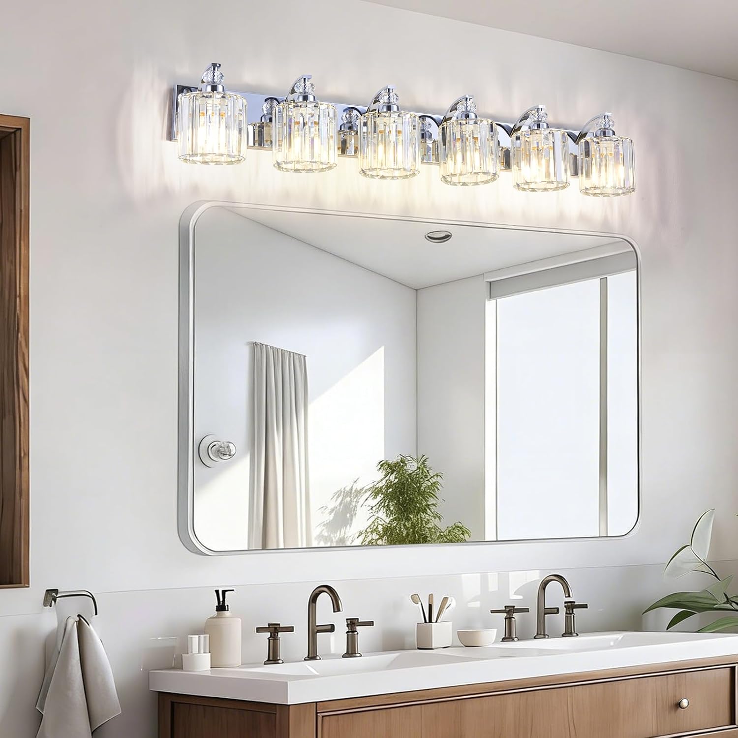 6-Light Modern Bathroom Light Fixture Chrome Vanity Lights Over Mirror Wall Sconce Lighting with K9 Crystal Shades Bathroom Wall Lamp E26 Base for Bedroom, Living Room, Hallway