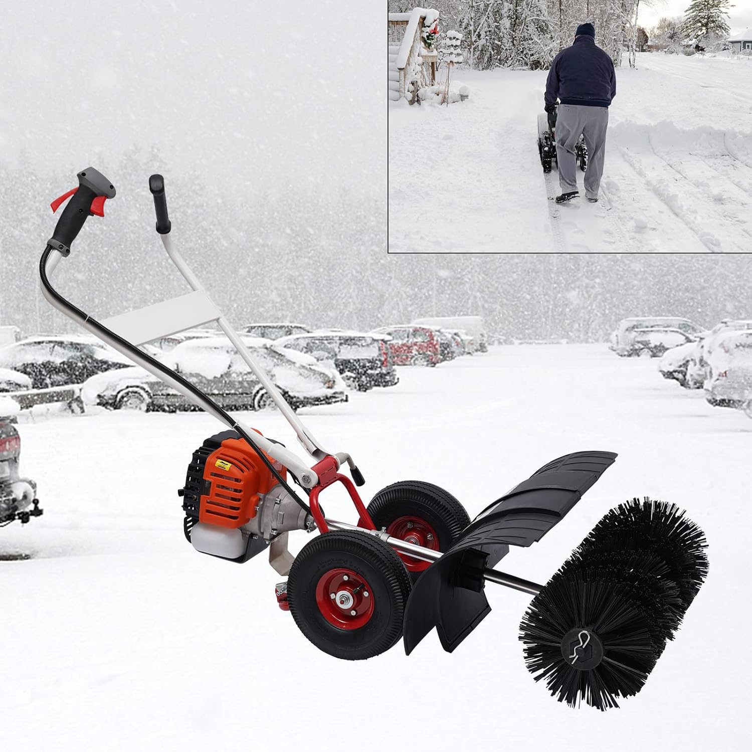 Gas Powered Push Lawn Sweeper Broom, 52CC 2.5H Outdoor Hand Held Gas Power Broom 2 Stroke Walk Behind Sweeper Cleaning Driveway Tools
