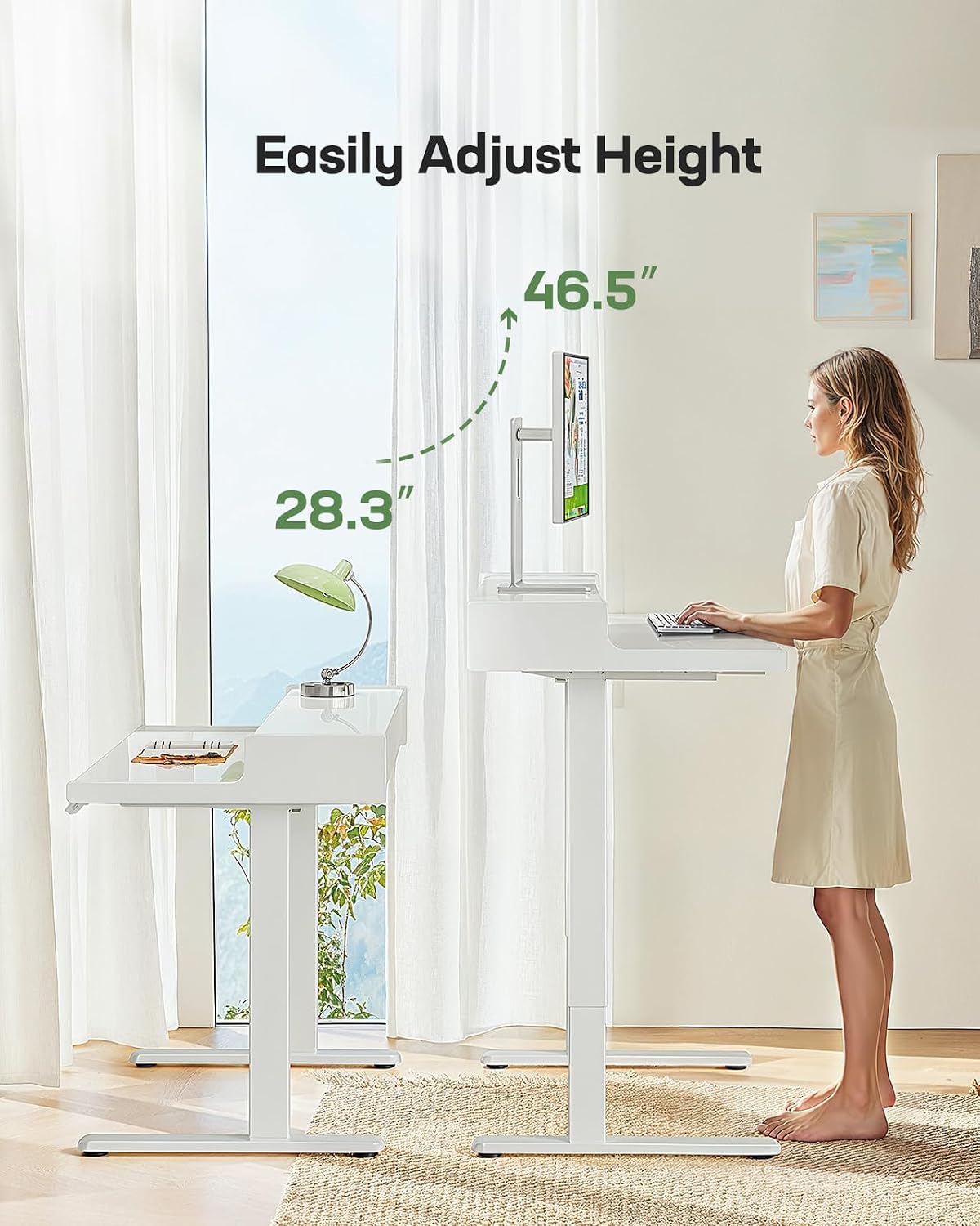 Marsail 48x24 inch Glass Standing Desk with Drawers, Computer Desk with Monitor Stand, Home Office Adjustable Table with Drawers, 4 Preset Heights, Stand up Table for Home, Office, White