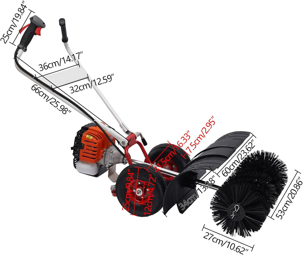 52CC Gas Powered Sweeper Broom 2-Stroke 2.5Hp Hand-Push Artificial Grass Sweeper Walk Behind Lawn Sweeper Snow & Leaves Cleaning Sweeper Broom for Garden Lawn Driveway Walkway| US Stock