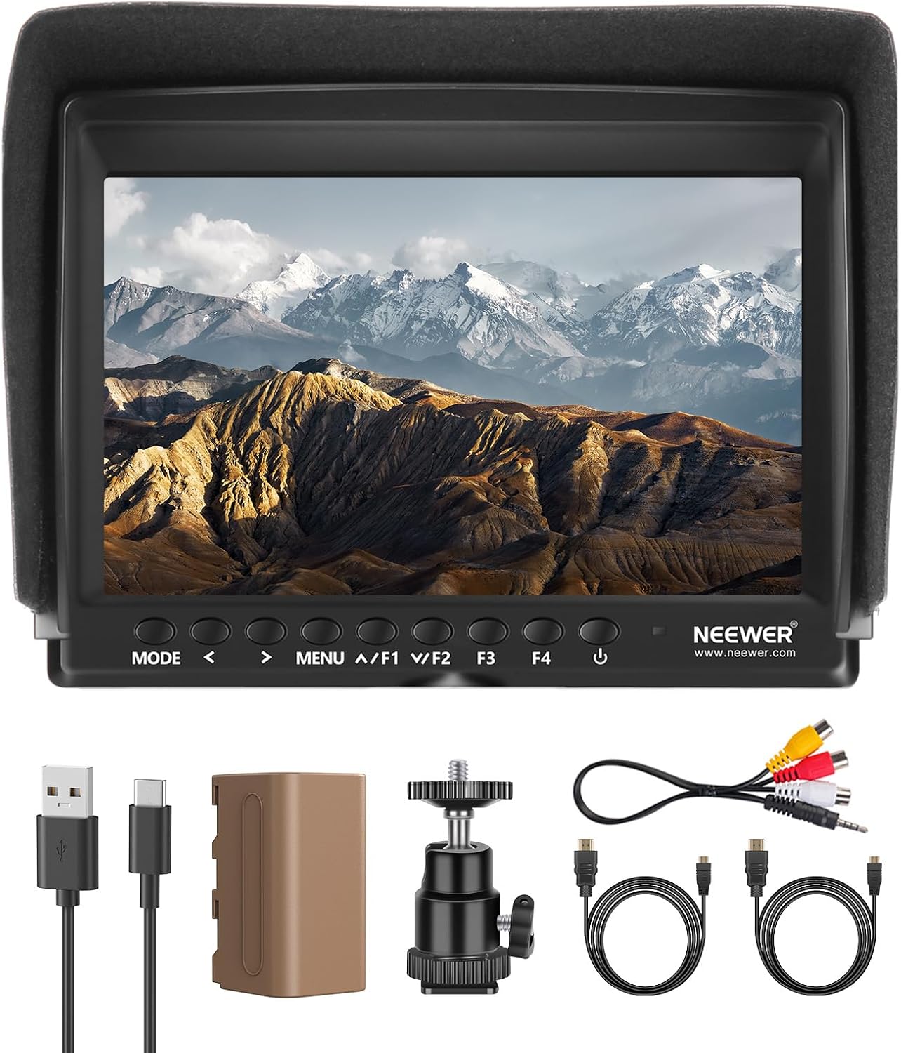 NEEWER F100 7 Inch Camera Field Monitor HD Video Assist IPS 1280x800 HDMI 1080p with 4400mAh F750 Battery, Sunshade Hood & 360° Ball Head for DSLR Cameras, Handheld Stabilizer, Film Video Making Rig