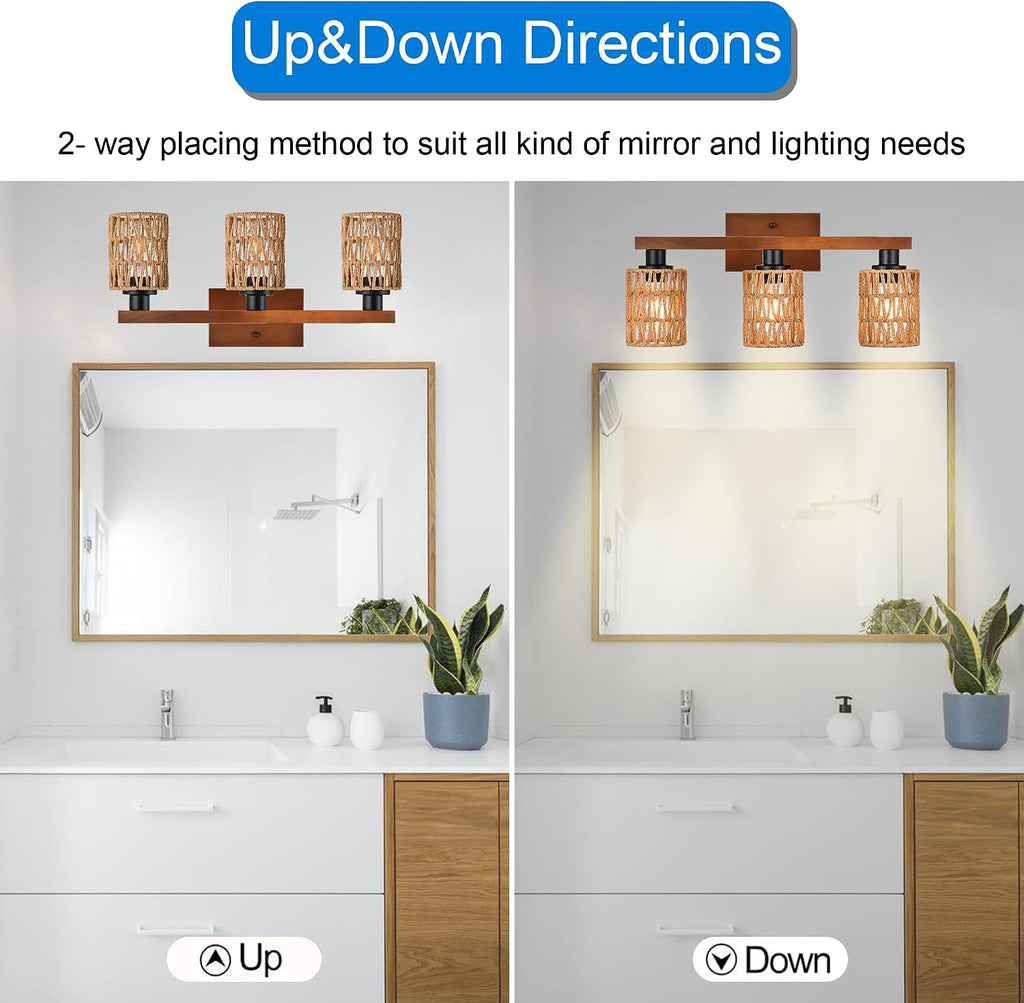 MELUCEE 21 Inches Farmhouse Vanity Light Fixture with Rattan Lampshade, 3-Light Bathroom Wood Wall Light Over Mirror Rustic Vintage Wall Sconce Lighting for Bathroom Kitchen Hallway