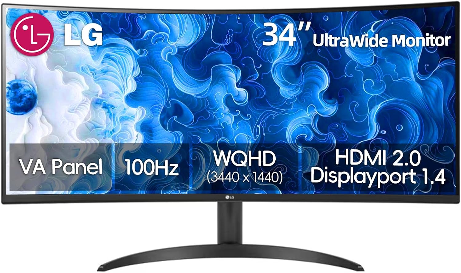LG 34 Inch UltraWide Monitor, WQHD (3440x1440) Curved Display, 100Hz, sRGB 99%, HDR10, Black Stabilizer, Dynamic Action Sync, PBP, Auto Input Switch, Dual Controller, 1 x DisplayPort, 2 x HDMI, Black