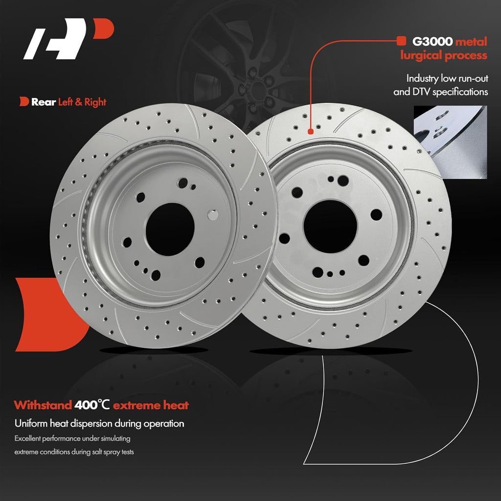 A-Premium 13.58 inch (345mm) Rear Drilled and Slotted Disc Brake Rotors + Ceramic Pads Kit Compatible with Select Chevy, GMC and Cadillac Models - Silverado 1500, Tahoe, Sierra 1500, Yukon, 6-PC Set