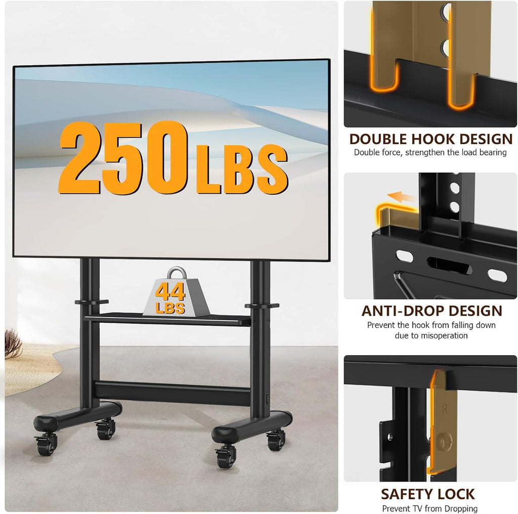 Mobile TV Cart Rolling TV Stand with Wheels for 55-120 Inch LCD LED Flat Curved Screens up to 250 lbs, Max VESA800x600 mm Heavy Duty Portable Floor TV Stand Large Base Trolley Height Adjustable