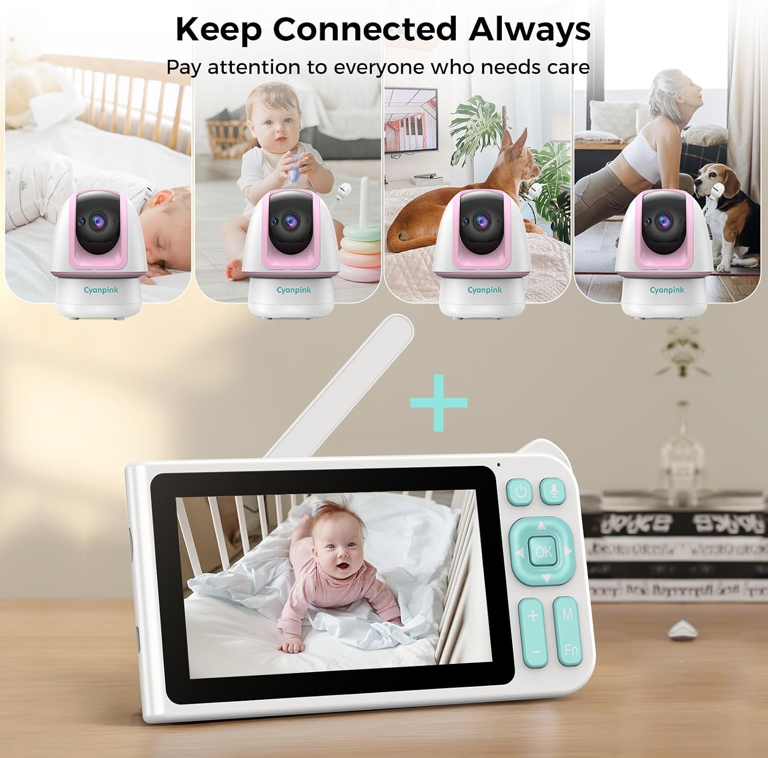 Video Baby Monitor with 2 Cameras, 2000ft Range, 1080p HD, 5' Screen, No WiFi, Dual View, 5000mAh Battery, Super Clear Night Vision, Pan-Tilt-Zoom, 2-Way Audio, AI Cry & Motion Detection