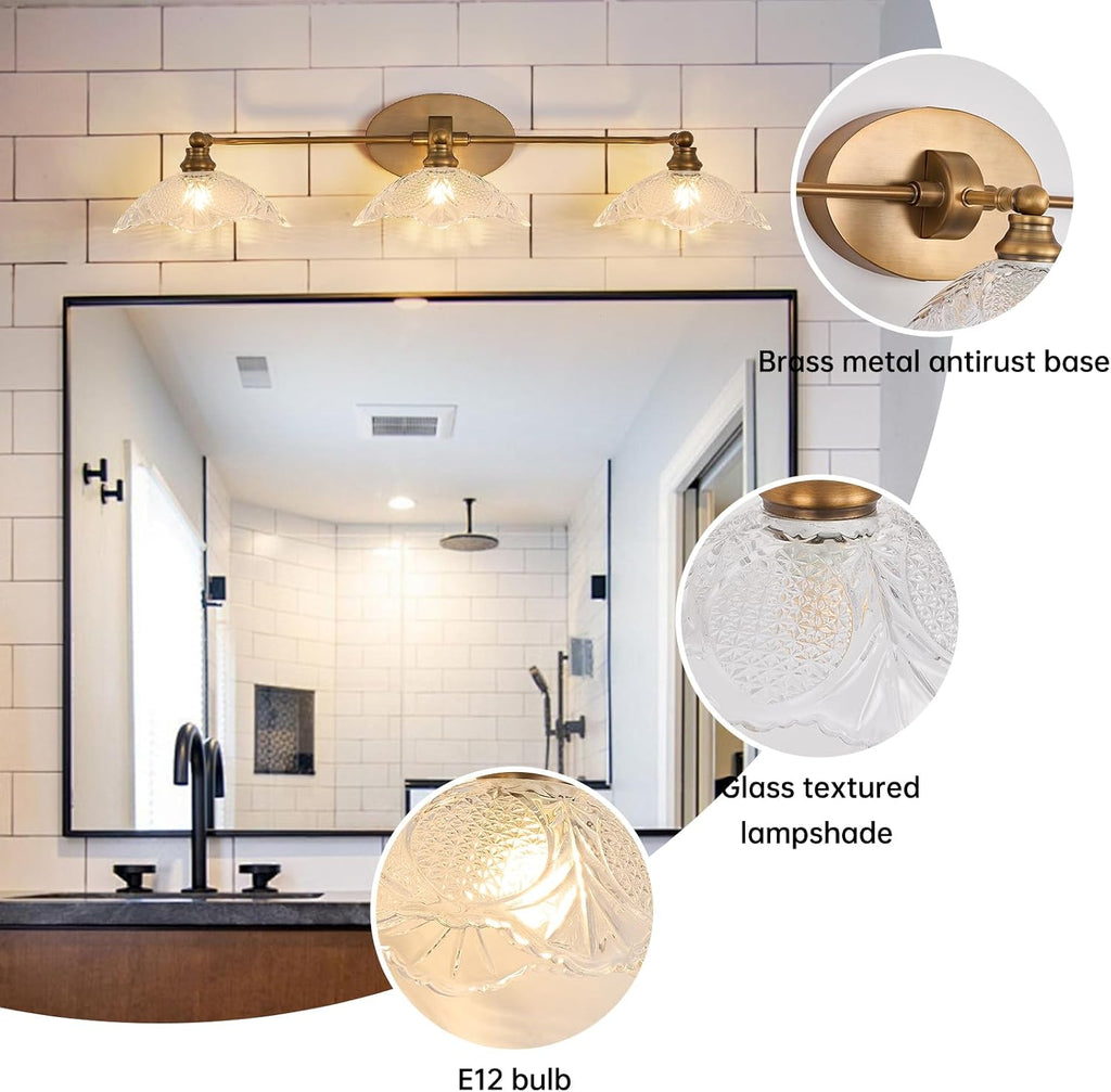 Vintage Bathroom Vanity Light Fixture, 3 Light Bathroom Vanity Light Length 33.85 inches Antique Brass with Crystal Glass Shade Antique Brass Vanity (E12 Bulb, Bulb not Included)