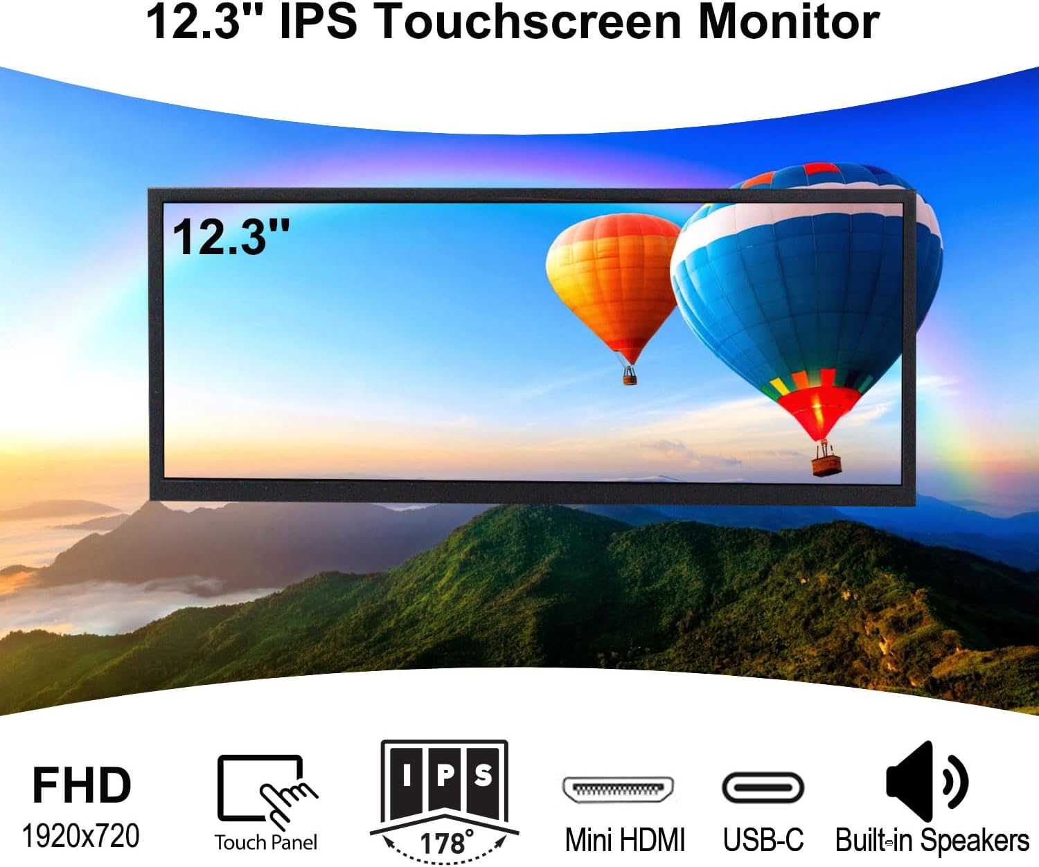 VSDISPLAY 12.3 Inch Touchscreen Monitor 1920x720 IPS Stretched Bar LCD with Dual Speakers for PC Computer Laptop Secondary Display Monitoring