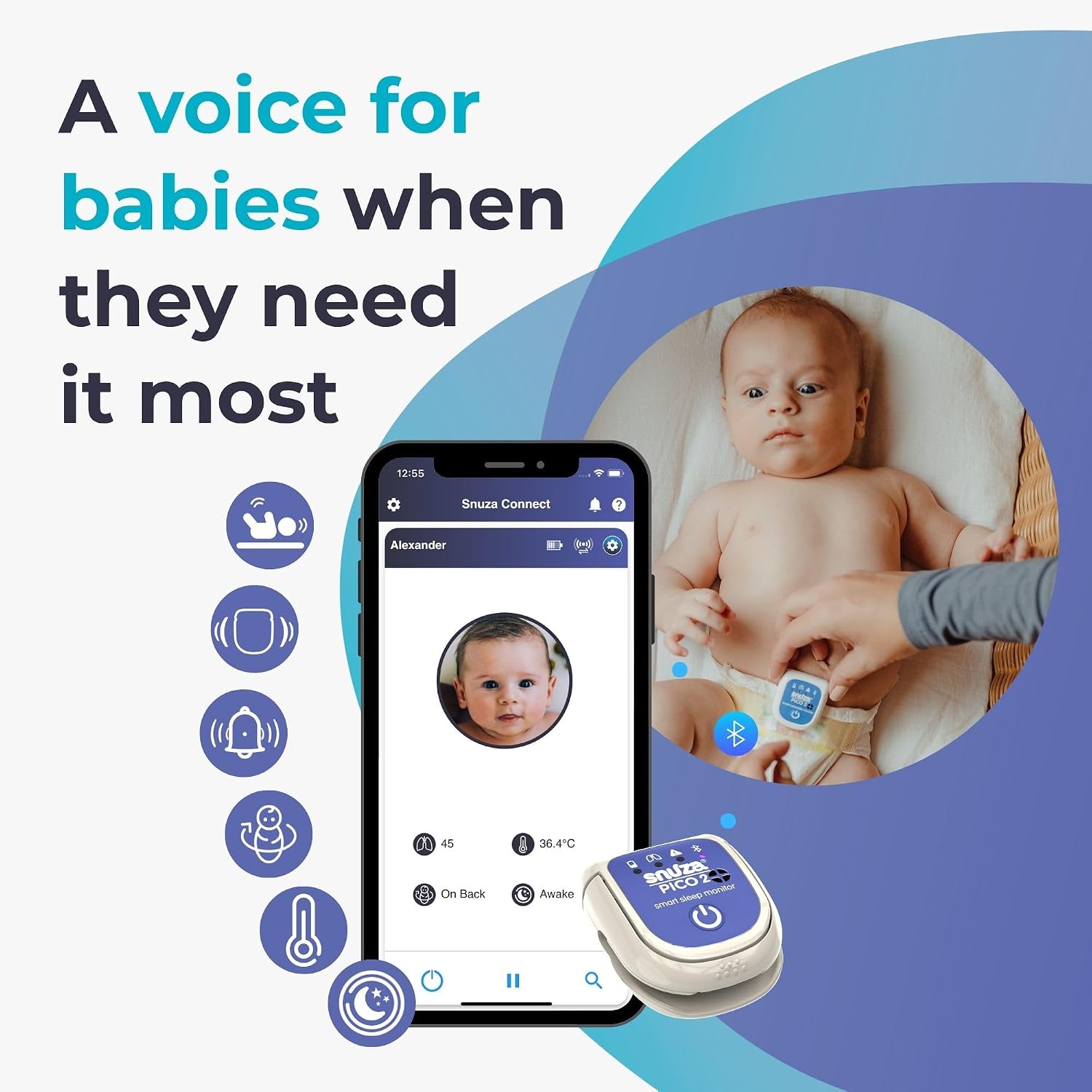 Snuza Pico 2 – Smart Sleep Monitor | Connect to App Or Use As Standalone Device | Tracks Movement, Sleep Patterns, Body Position & Skin Temperature | Real-Time Alerts for Safer Sleeping