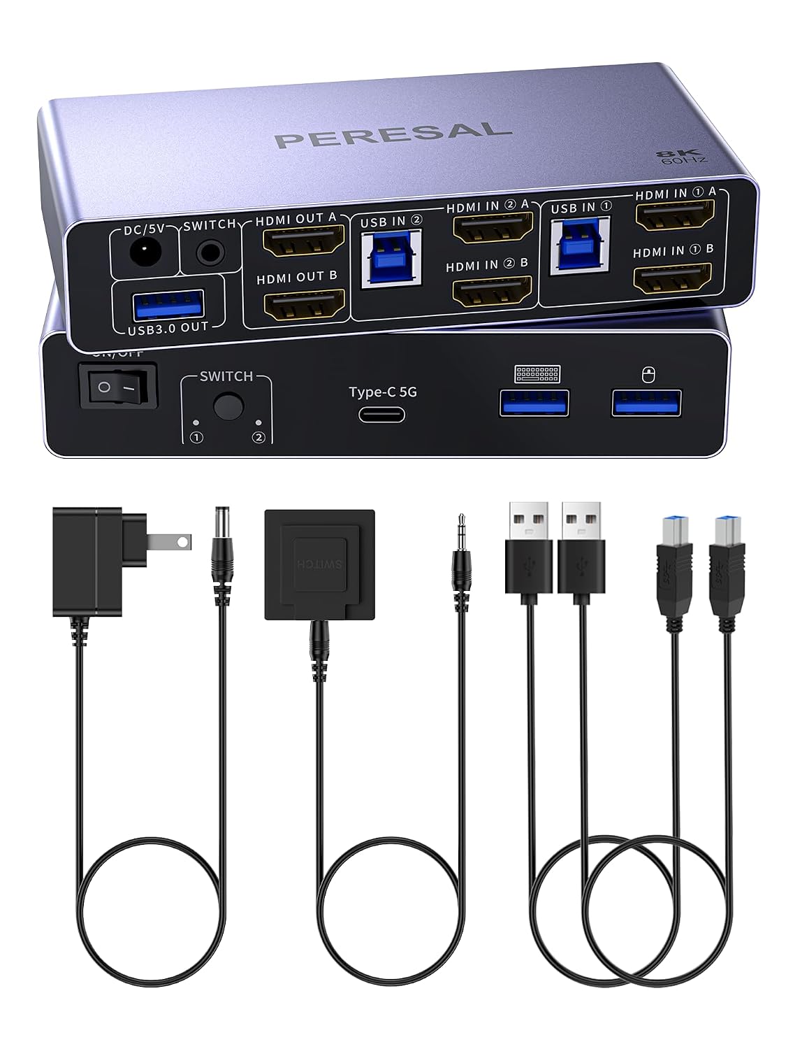 USB 3.0 HDMI KVM Switch 2 Monitors 2 Computers, 8K@60Hz Dual Mode Switching, with 3 USB 3.0 Port, Desktop Controller and 2 USB Cables