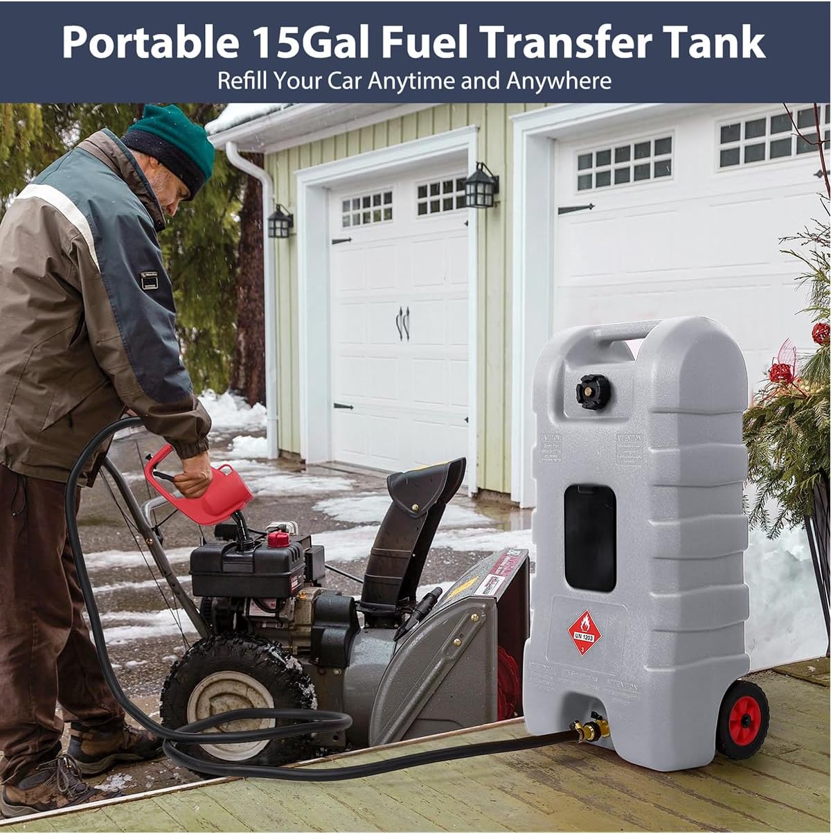 15 Gallon Fuel Caddy – Portable Diesel & Gasoline Tank with Manual Siphon Pump, 10ft Delivery Hose & Wheels for Cars, Boats, ATVs & Lawn Mowers - Grey