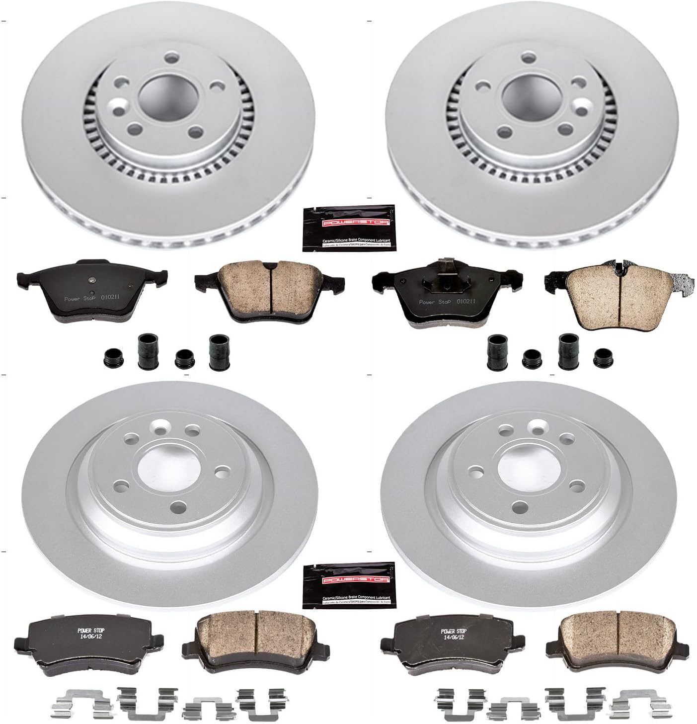 PowerStop Front and Rear Brake Kit for Volvo S60 2011-14 | Volvo S80 2007-14 - Fully-Coated Disc Rotors with Z23 Carbon-Fiber Ceramic Brake Pads Upgrade, CRK5615