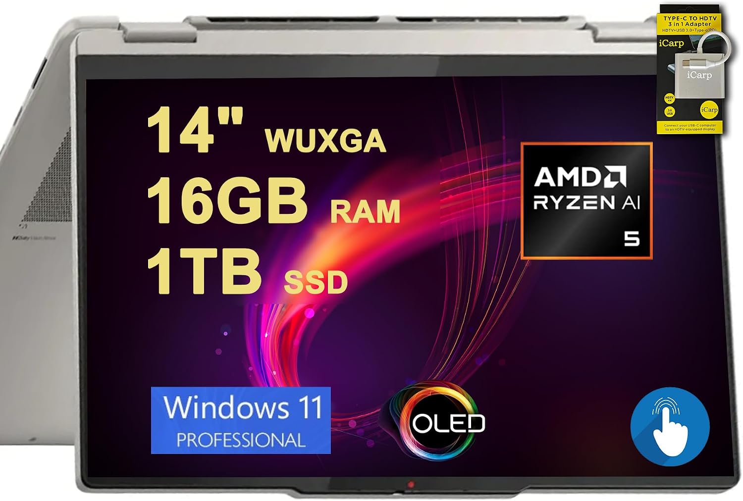 Lenovo Yoga 7 2-in-1 Laptop 14' WUXGA OLED Touch (100% DCI-P3, 600nits HDR) AMD 6-core Ryzen AI 5 340 (Up to 50 Tops) 16GB DDR5 1TB SSD for Creator Business Work Win11Pro ICP Hub
