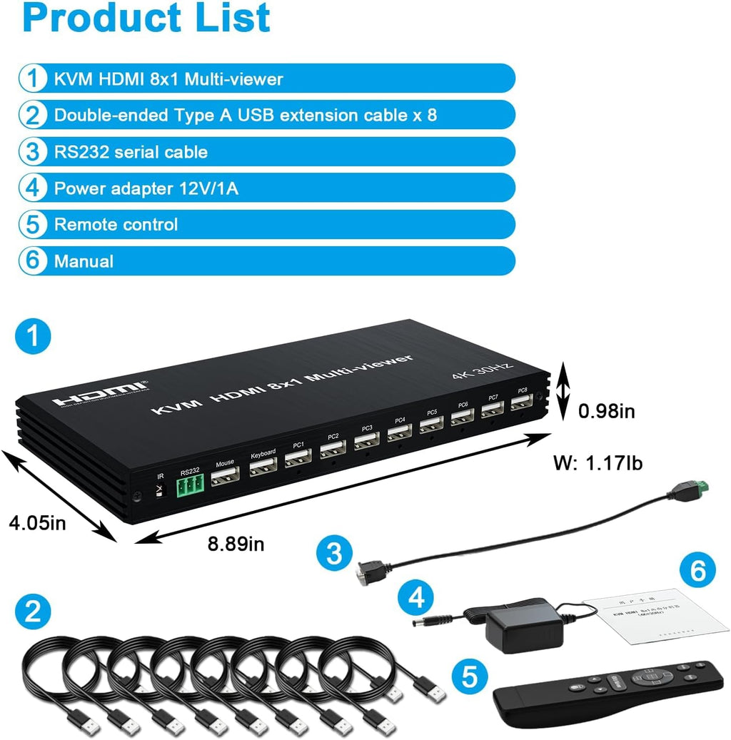 4K HDMI KVM Switcher 8 in 1 Out, 4K Multi-Viewer with IR Remote and Button Switch, HDMI Splitter with 16 Modes Displays 1 Full Screen+15 Kinds Split Screen Modes, 2 USB Port for Keyboard/Mouse
