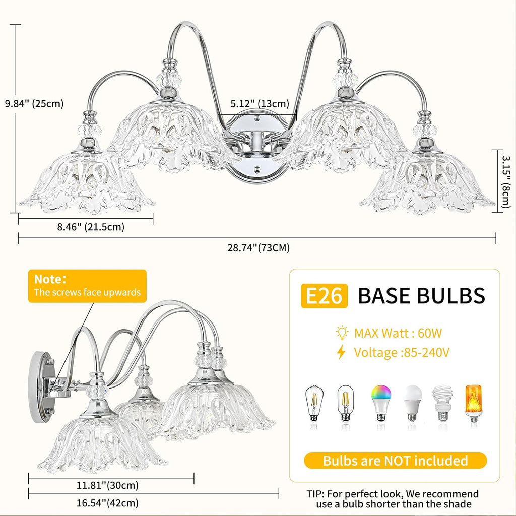 Brushed Chrome 4-Light Bathroom Vanity Light with Floral Clear Glass Shades, Modern Wall Mount Lighting for Bathroom, Dressing Table