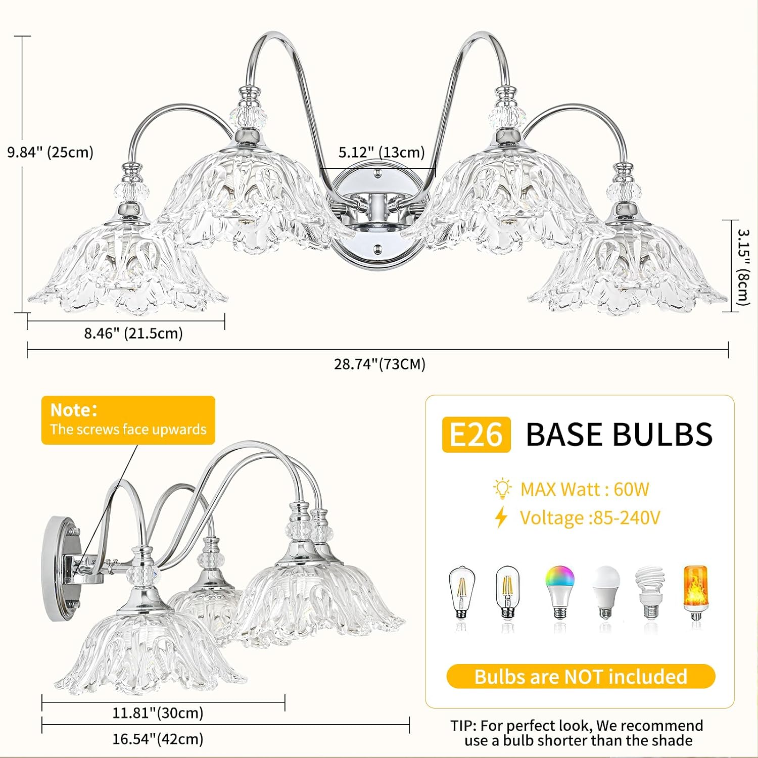 Brushed Chrome 4-Light Bathroom Vanity Light with Floral Clear Glass Shades, Modern Wall Mount Lighting for Bathroom, Dressing Table