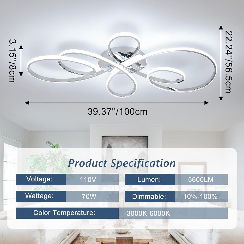 66W Modern LED Ceiling Light, 39.37Inch Flower Flush Mount Light Fixture with Remote Control Chrome Dimmable Ceiling Lamp for Living Room, Bedroom, Dining Room, Hallway, Kitchen