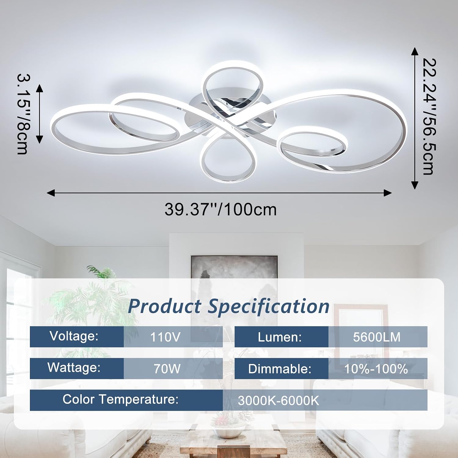 66W Modern LED Ceiling Light, 39.37Inch Flower Flush Mount Light Fixture with Remote Control Chrome Dimmable Ceiling Lamp for Living Room, Bedroom, Dining Room, Hallway, Kitchen