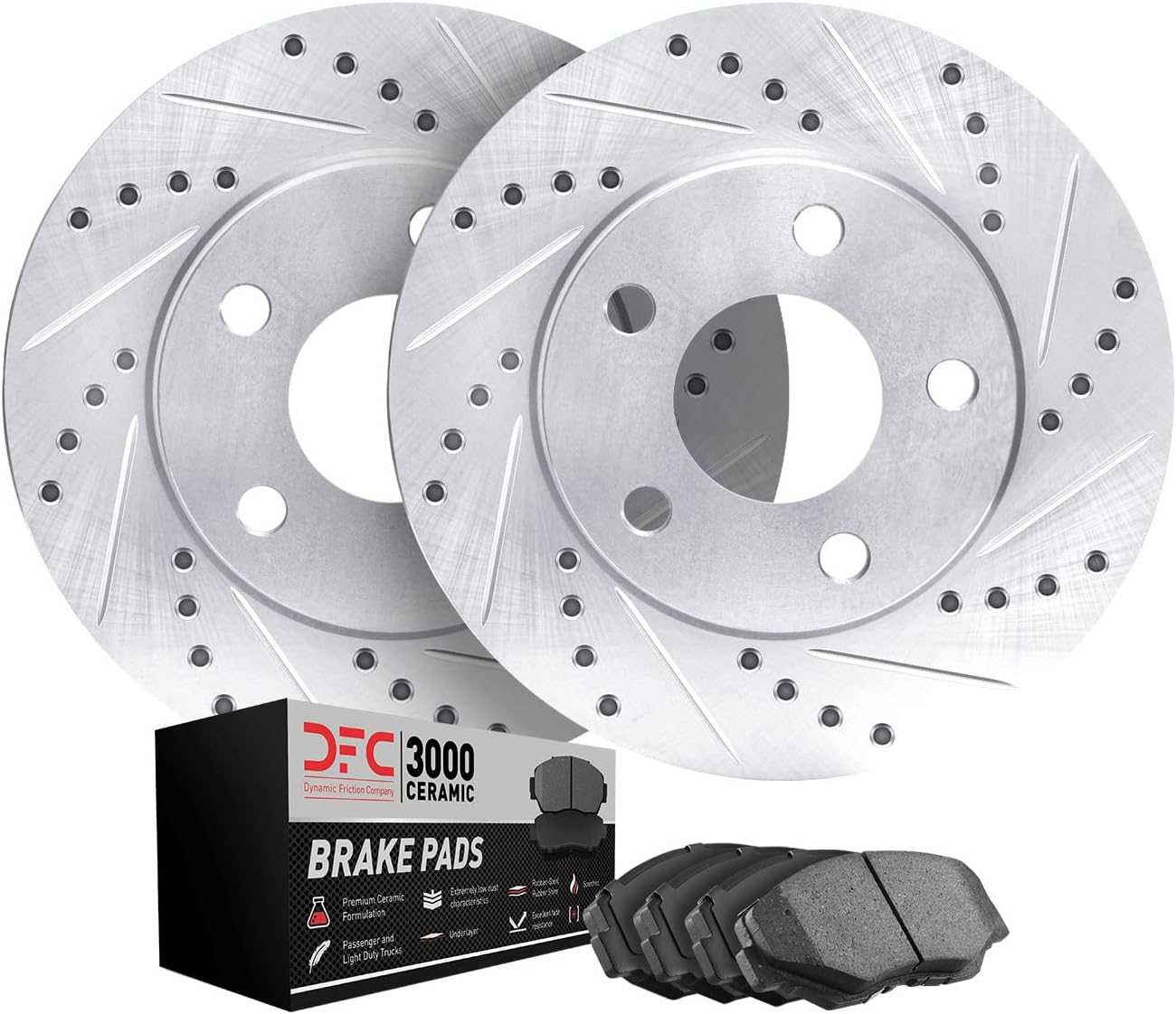 Dynamic Friction Company Front Brakes and Rotors|Drilled Slotted Brake Rotors| Front 3000 Ceramic Brake Pads and Rotors Kit| Automotive Replacement Brake Kits