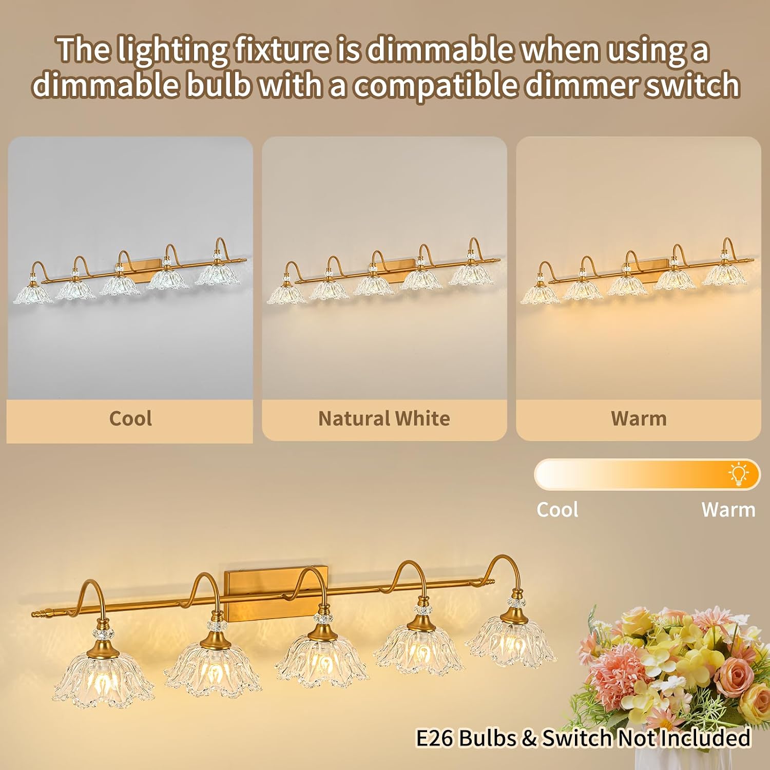 Vintage Bathroom Vanity Light, 5-Light Matte Brass Finish Vanity Light with Floral Clear Glass Shades, Retro Wall Mount Lighting for Bathroom, Dressing Table