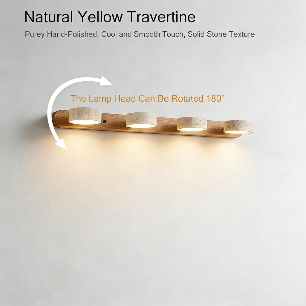 LED Bathroom Vanity Light, Travertine Stone Light Fixture, 360° Rotatable Stone Lampshades, Modern Rustic Wall Lamp for Bedroom, Living Room, Hallway (Natural Wood-4 Lights)