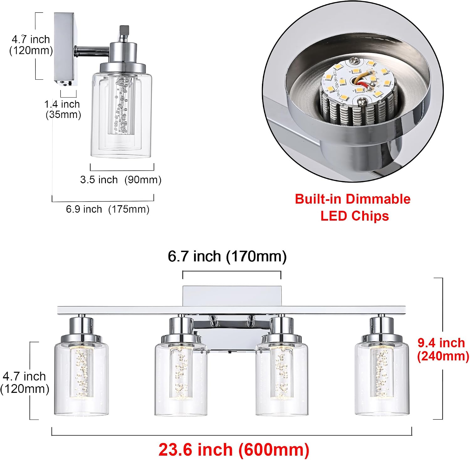 MELUCEE 5 Color Dimmable LED Bathroom Light Fixtures 4 Light Chrome Vanity Lights Bathroom Lights Over Mirror Wall Light Fixtures with Crystal Bubble Clear Glass Shade, Built-in LED Chips