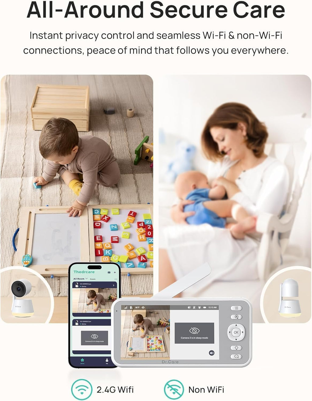 Dr.Care LumiView Smart WiFi Baby Monitor with Clip Mount - 5' 1080P FHD & 2K Camera App Control, Privacy Mode, 5000mAh Removable Battery, Cry & Motion Alerts, HD Night Vision, RGB Night Light