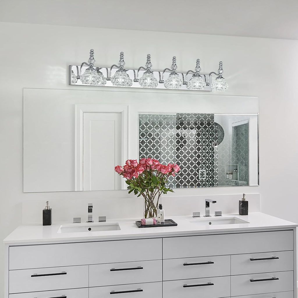 Modern Glass Crystal Vanity Light - Vintage Bathroom Lighting Fixtures Over Mirror, 6 Light Vanity Lights G9 Bulb (43.3 Inch, Chrome)