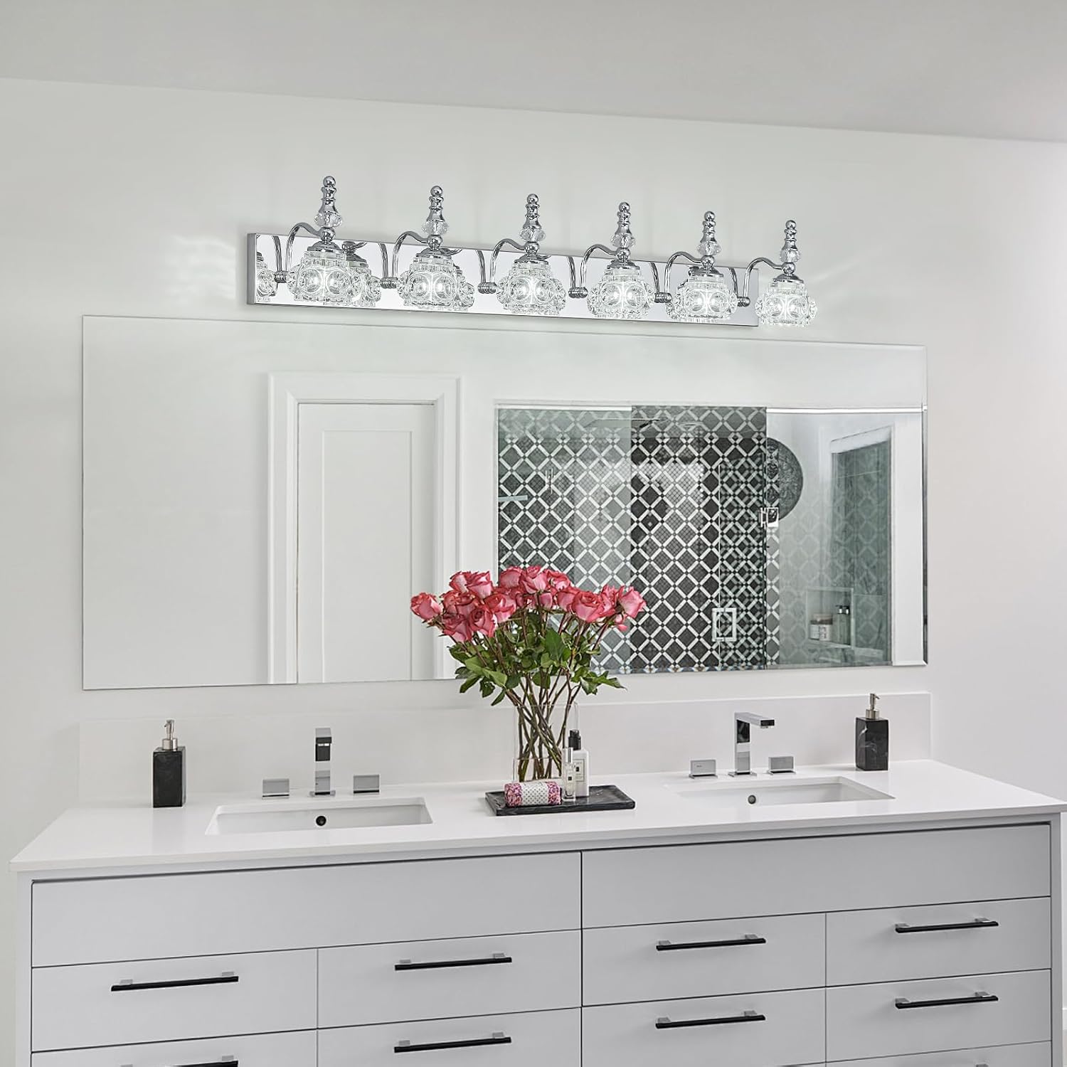 Modern Glass Crystal Vanity Light - Vintage Bathroom Lighting Fixtures Over Mirror, 6 Light Vanity Lights G9 Bulb (43.3 Inch, Chrome)