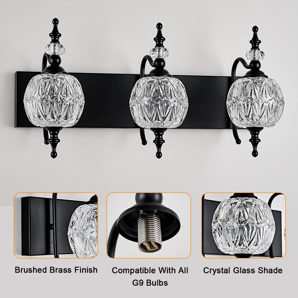 Vintage Black 3 Lights Bathroom Vanity Light Fixtures, Modern Bedhroom Lighting Painted Black Surface with Thick Crystal Glass Shade, Vintage Vanity Light for Bathroom Farmhouse Bedroom
