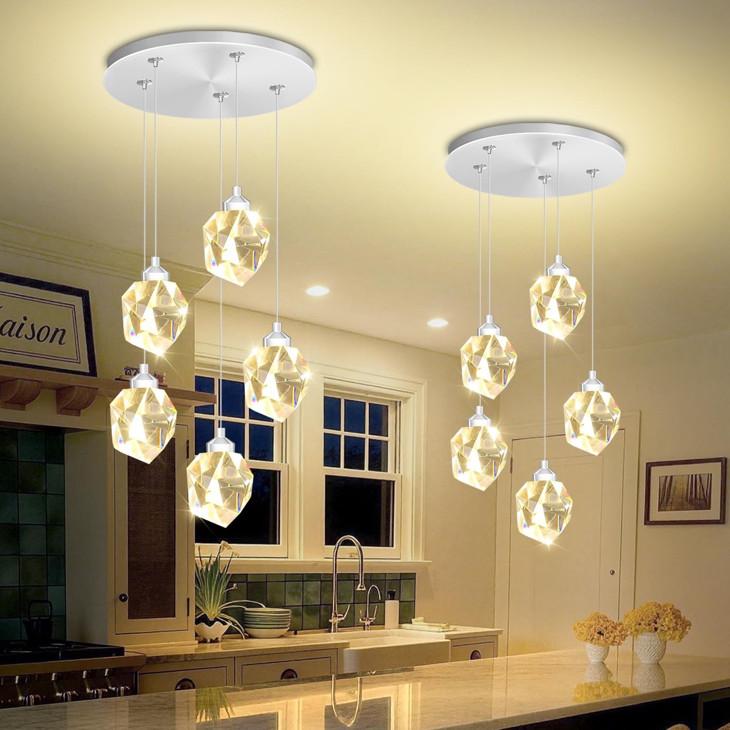 5-Light Cluster Crystal Raindrop Pendant Lights- 25W LED Dimmable Hanging Light Fixture Chandelier for Kitchen Island, Dining Room Living Room