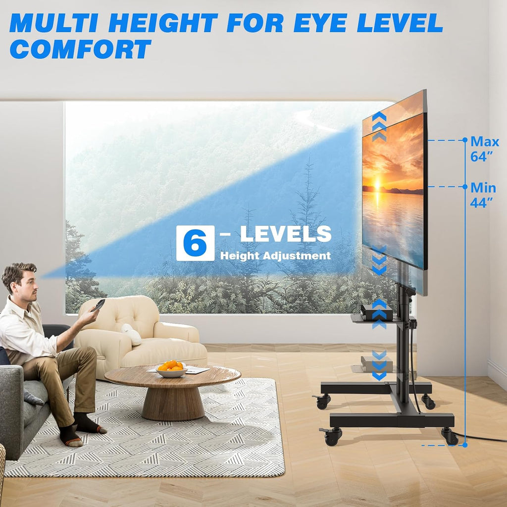 Rfiver Upgraded Mobile TV Stand on Wheels with Power Outlet, Heavy Duty Rolling TV Cart for 32-85 Inch TVs up to 132 lbs, Height Adjustable Portable Floor TV Stand for Bedroom, Home Office, Onesize