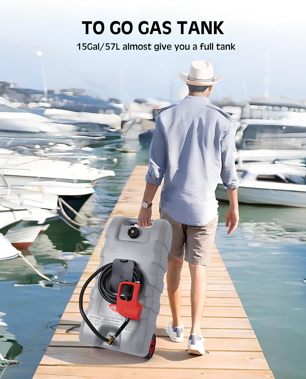 15 GAL Portable Gas Tank with Pump,15 Gallons Fuel & Gasoline Container with Transfer Pump, Gas Cans,10Ft Delivery Hose,Diesel Storage Can on-Wheels for Cars, Lawn Mowers,Boats