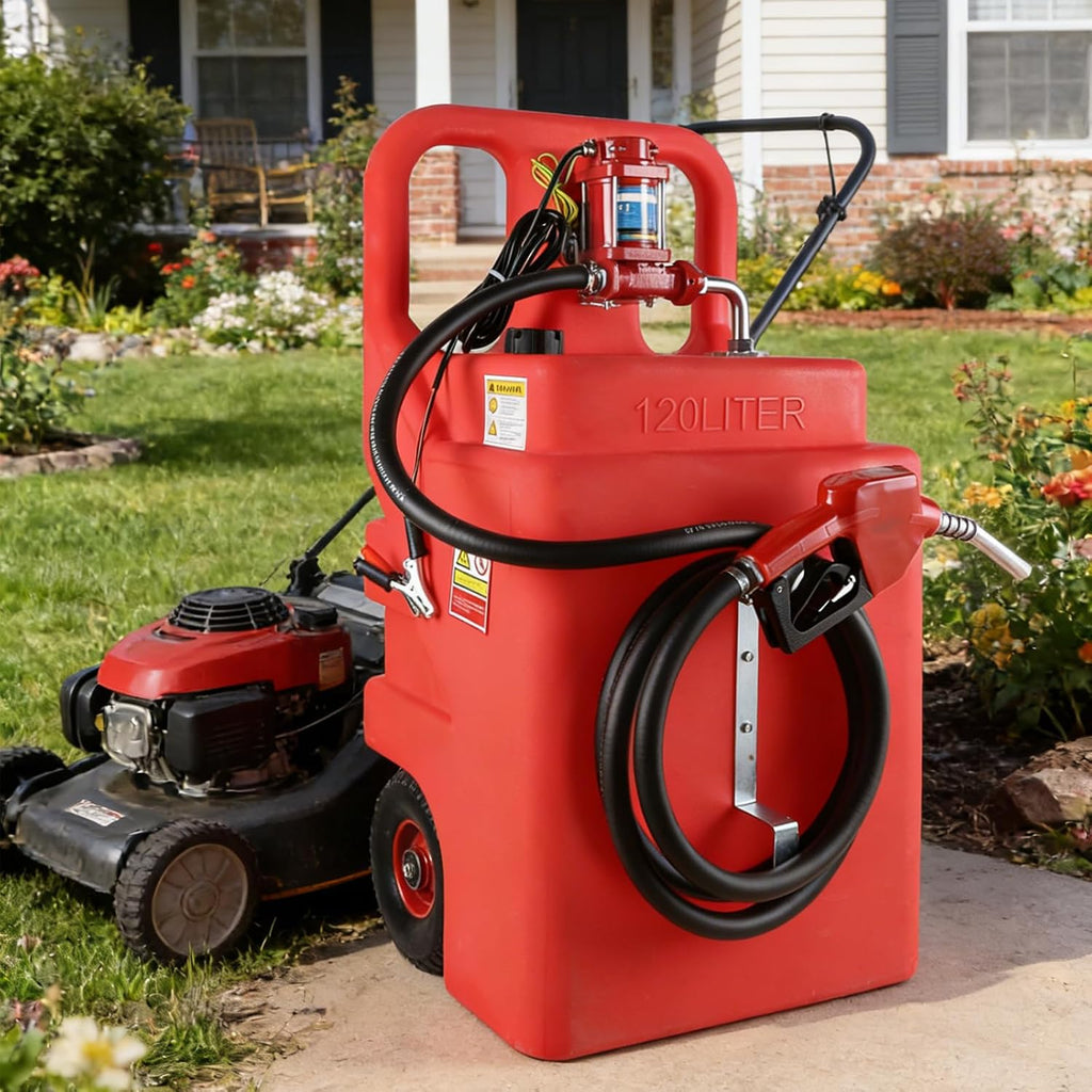 32 Gallon Fuel Caddy, Portable Gas Storage Fuel Tank with 12GPM Fuel Transfer Pump& 2 Wheels, Gasoline Diesel Container for Cars, ATVs, Boats, Lawn Mowers, Red