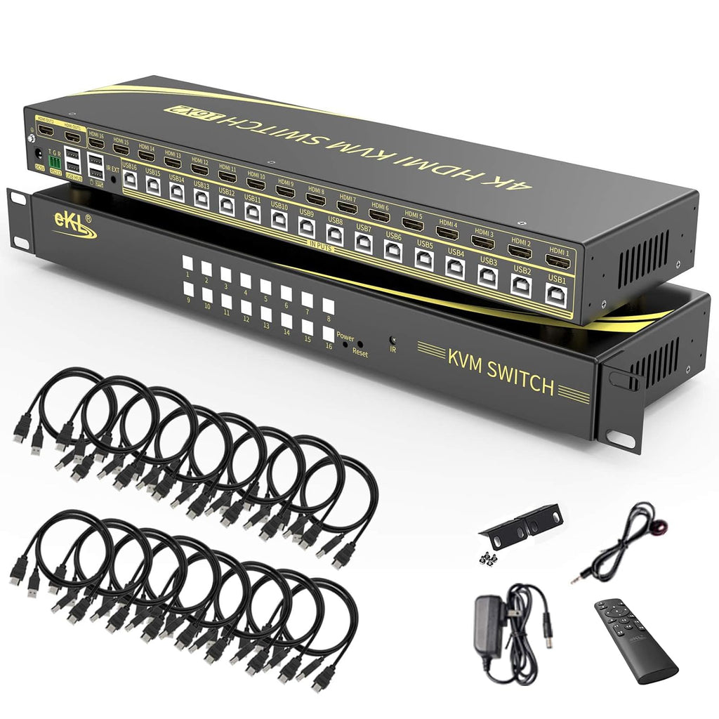eKL 16 Port HDMI KVM Switch Supports Hotkeys Switching up to 4K@60Hz 4:4:4 16 PCs Laptops Sharing with One Set of Keyboard and Mouse