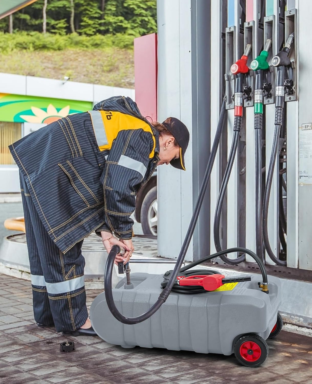 Fuel Caddy 14 gal, Portable Gasoline Tank Container With Manual Fuel Transfer Pump & 10 ft Long Hose, Gasoline Diesel Fuel Storage Tank On-Wheels, Portable Gas Tank for Cars, Lawn Mowers, Boats, Grey