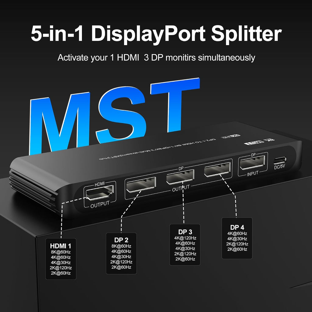 DisplayPort Splitter for 4 Monitors, Three DP with HDMI Adapter 8K@60Hz Extended Display 1 in 4 Out DisplayPort MST Hub for Multiple Monitor, Compatible with Computer, Graphic Card, PC