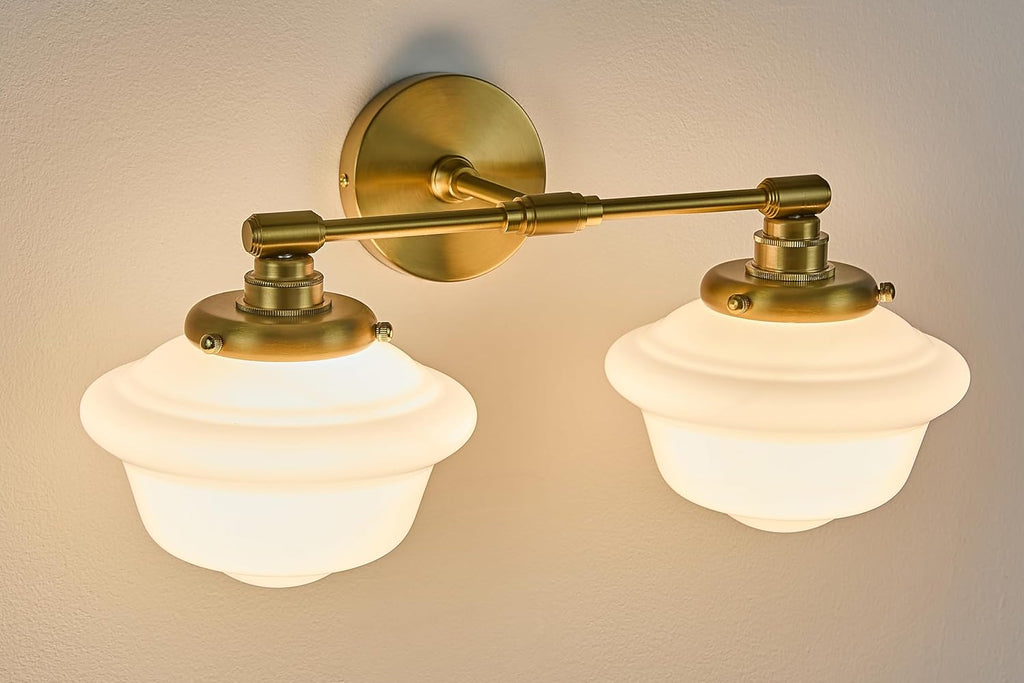FCTWAKS 2-Light Vintage Bathroom Vanity Light, Schoolhouse Light Fixture - Brushed Gold with Milk Glass Shades, Modern Farmhouse Wall Sconce