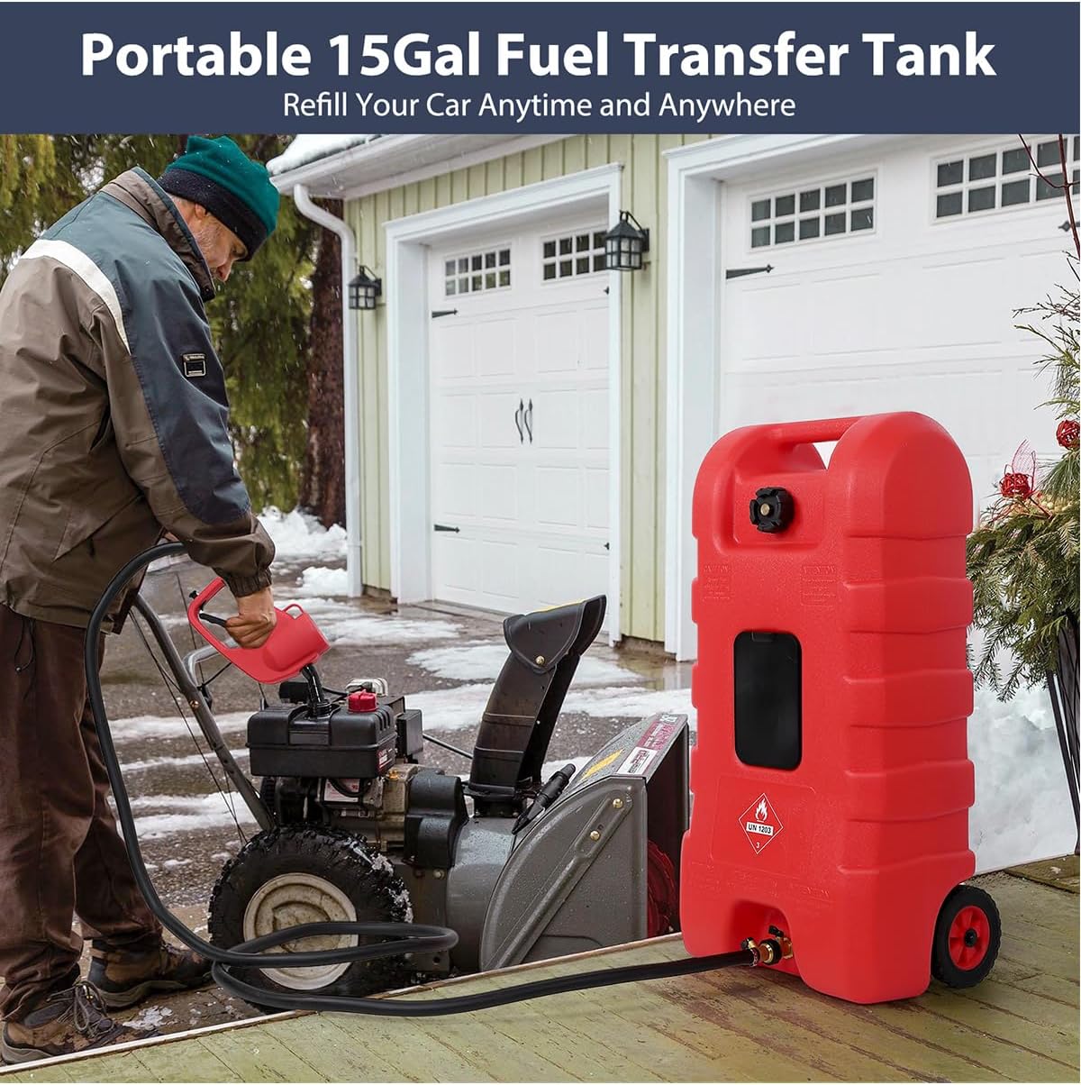 15 Gallon Fuel Caddy – Portable Diesel & Gasoline Tank with Manual Siphon Pump, 10ft Delivery Hose & Wheels for Cars, Boats, ATVs & Lawn Mowers - Red