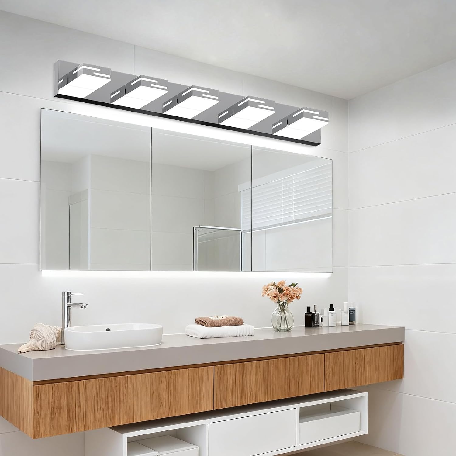 LED Modern Bathroom Vanity Light Fixtures, Dimmable Chrome Vanity Lights for Bathroom Lighting Fixtures Over Mirror, with 360° Rotatable Heads 5-Light 36-inch (Cool White 6000K)