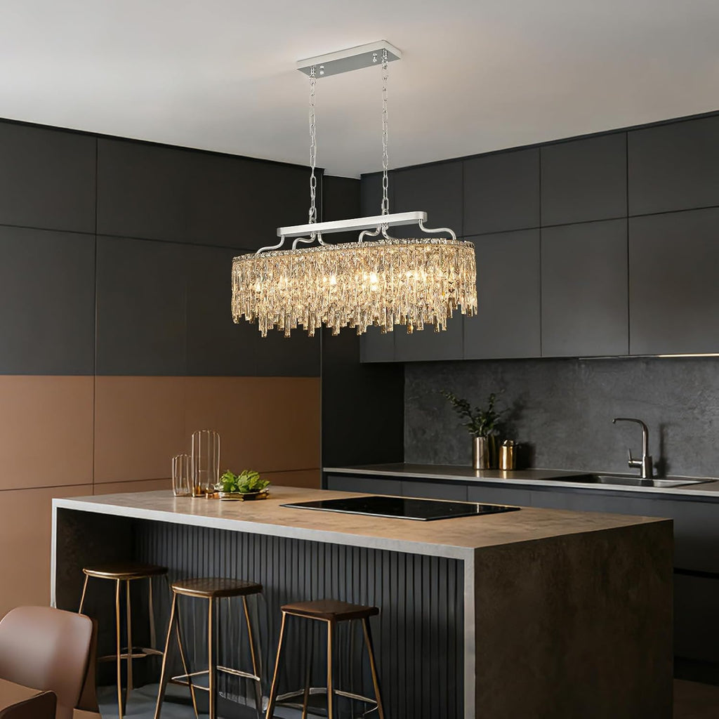 12-Lights Modern Luxury Crystal Chandeliers for Dining Room Light Fixtures Over Table | L36 Chrome Crystal Kitchen Island Lighting | Oval Hanging Chandeliers for Living Room Kitchen Bathroom