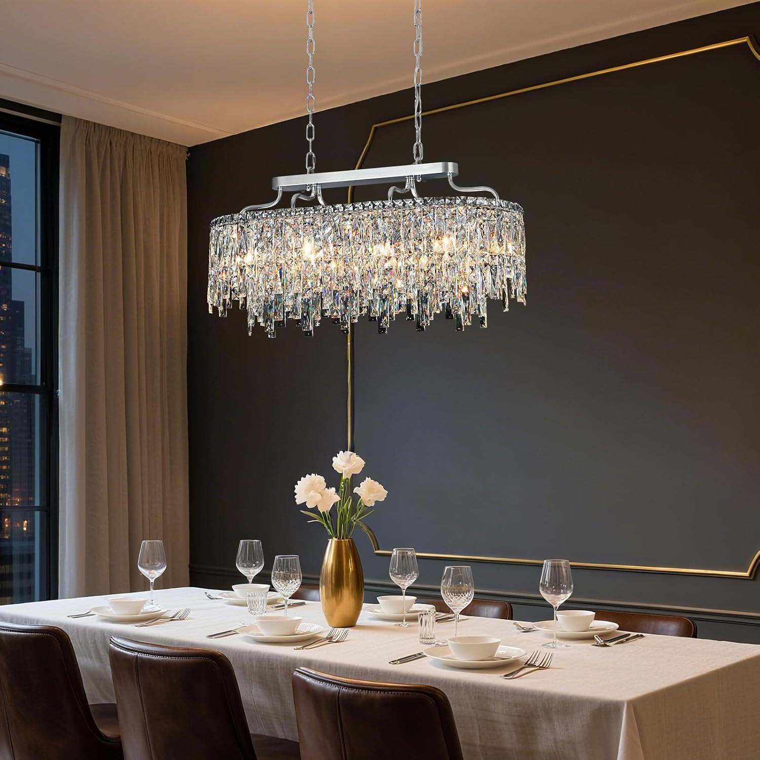 10 Light Crystal Chandelier | Chrome Oval-Shaped Crystal Chandeliers for Dining Room Light Fixture, 32' Modern Ceiling Lighting Fixture for Dining Room Kitchen Island Bar