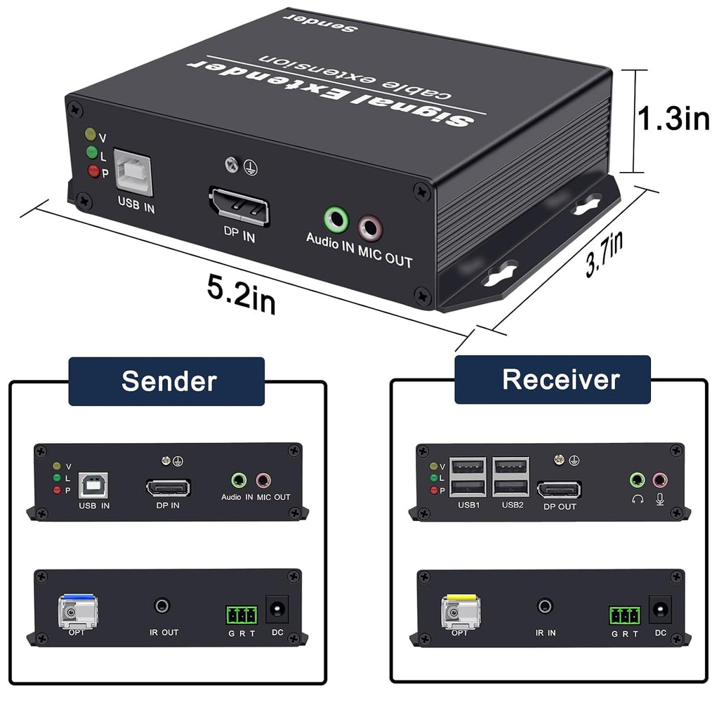 DisplayPort KVM Extender Over Optic Fiber Up to 20KM, EMI Resistant, Uncompressed, 4K@30Hz, with USB2.0, Support IR,Audio,RS232.Mic,EDID