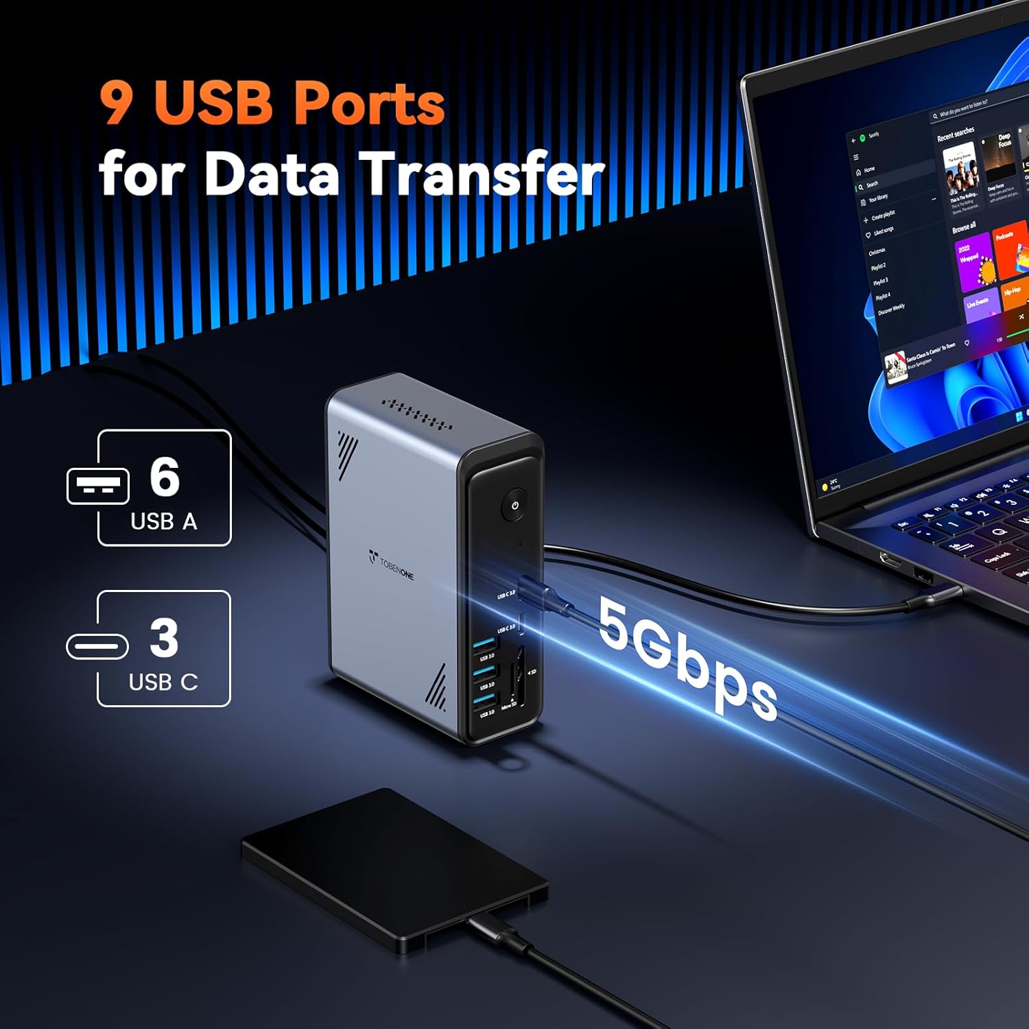 TobenONE 18 in 1 Laptop Docking Station 3 Monitors, Triple 4K Display with 3 HDMI, 9 USB Ports, Gigabit Ethernet, PD3.0, for Windows/Dell/Lenovo/HP/Thinkpad Laptops (No Power Adapter)