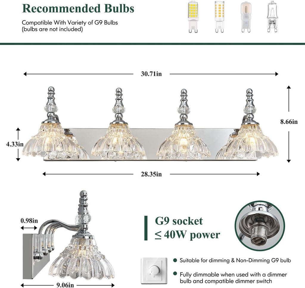 Vintage Bathroom Vanity Light, 4-Light Chrome Vanity Lighting Fixture with Flower Glass Shade, Bathroom Lighting Fixtures Over Mirror