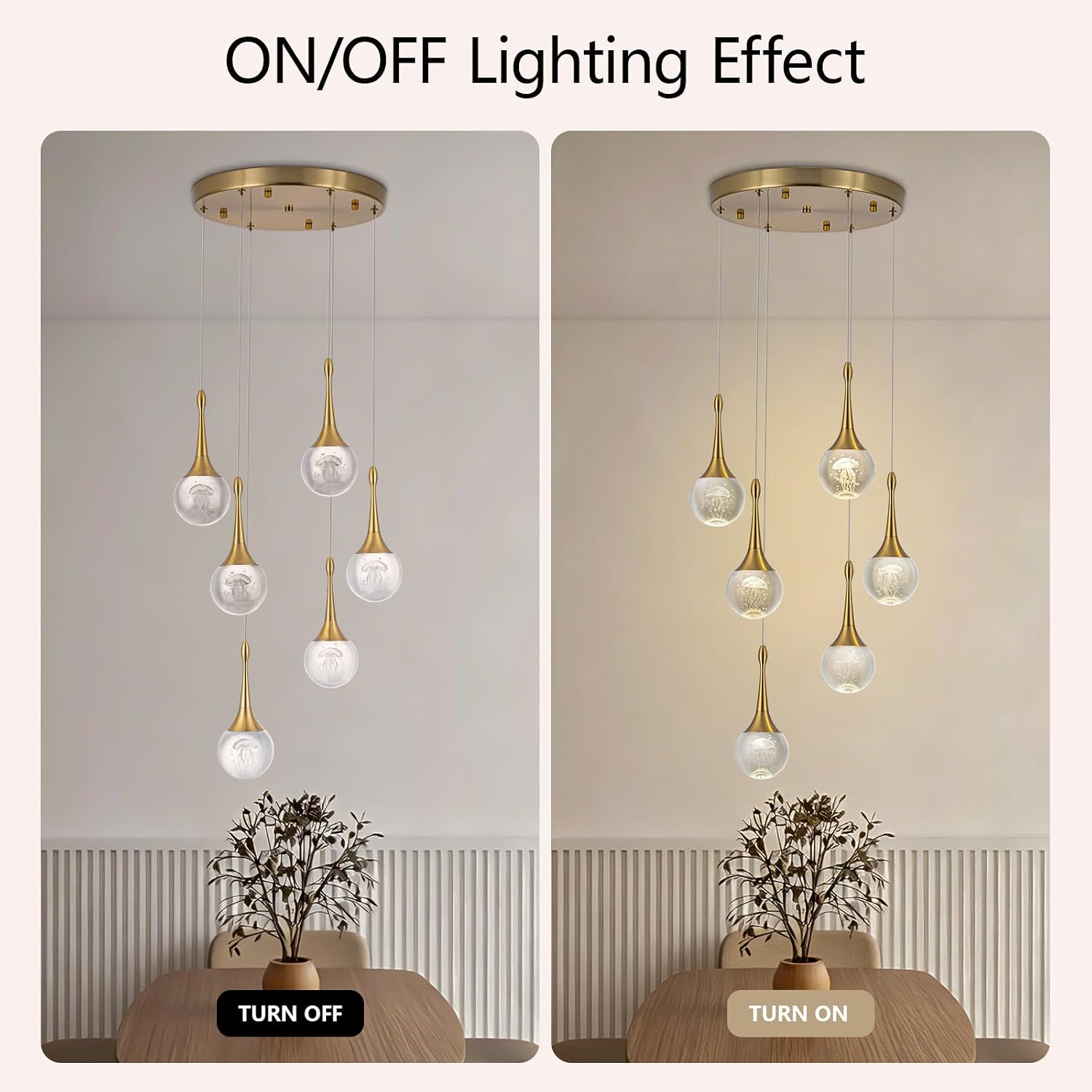 CHYING 6-Lights Pendant Lights Kitchen Island, Modern LED Dimmable Globe Crystal Jellyfish Teardrop Ceiling Pendant Chandelier for Dining Room Hallway Foyer Staircase, Gold Warm White