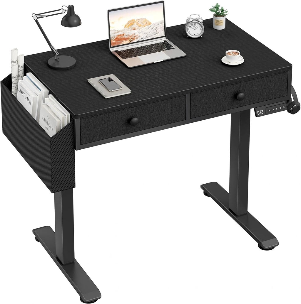 KLUVIS Electric Standing Desk with Drawers - 32 Inch Small Black Height Adjustable Sit Stand Desk with Storage for Home Office Bedroom, Study Writing Compact Stand up Computer Desks for Boys Girl Work